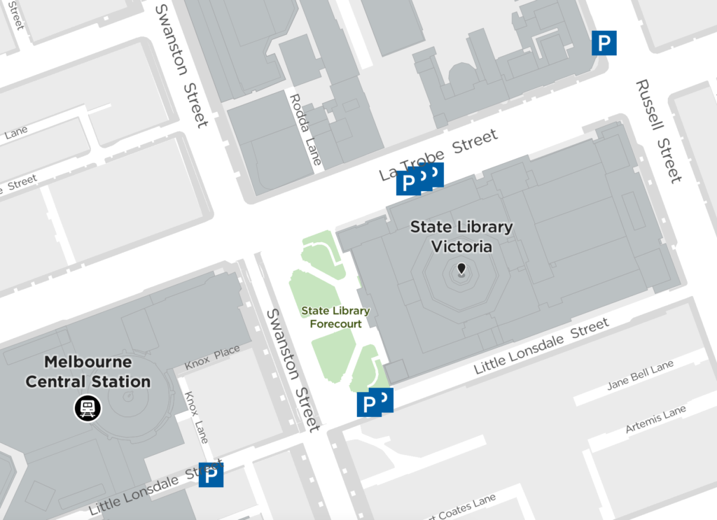 A map showing the location of disabled parking spots around the State Library of Victoria